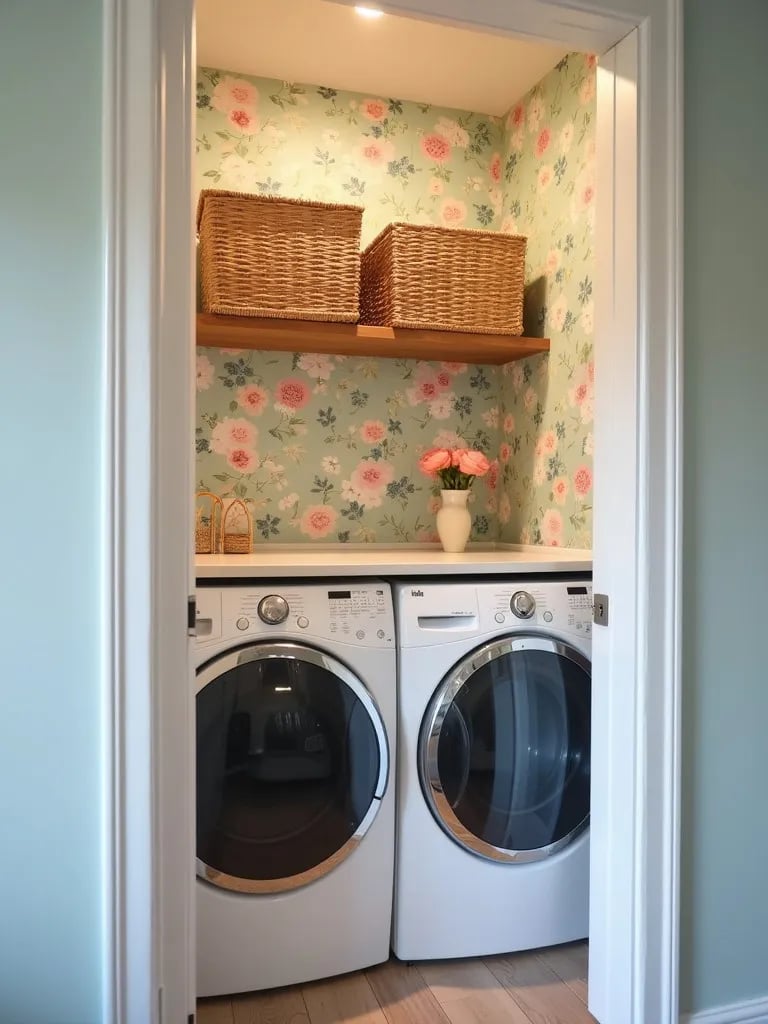 Cozy laundry nook with pastel floral wallpaper and modern appliances