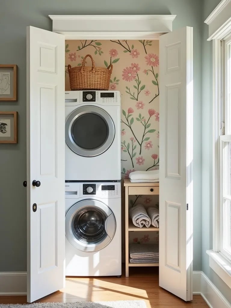 Cozy laundry nook with pastel floral wallpaper and stacked appliances