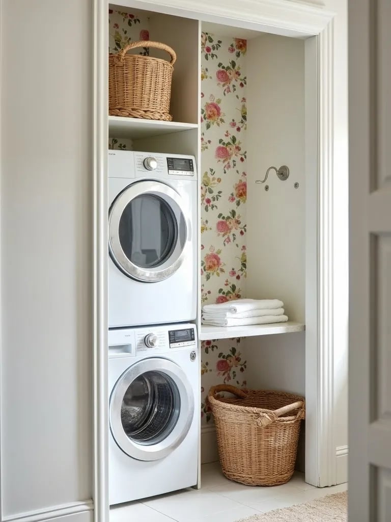 Cozy laundry nook with pastel floral wallpaper and stacked appliances