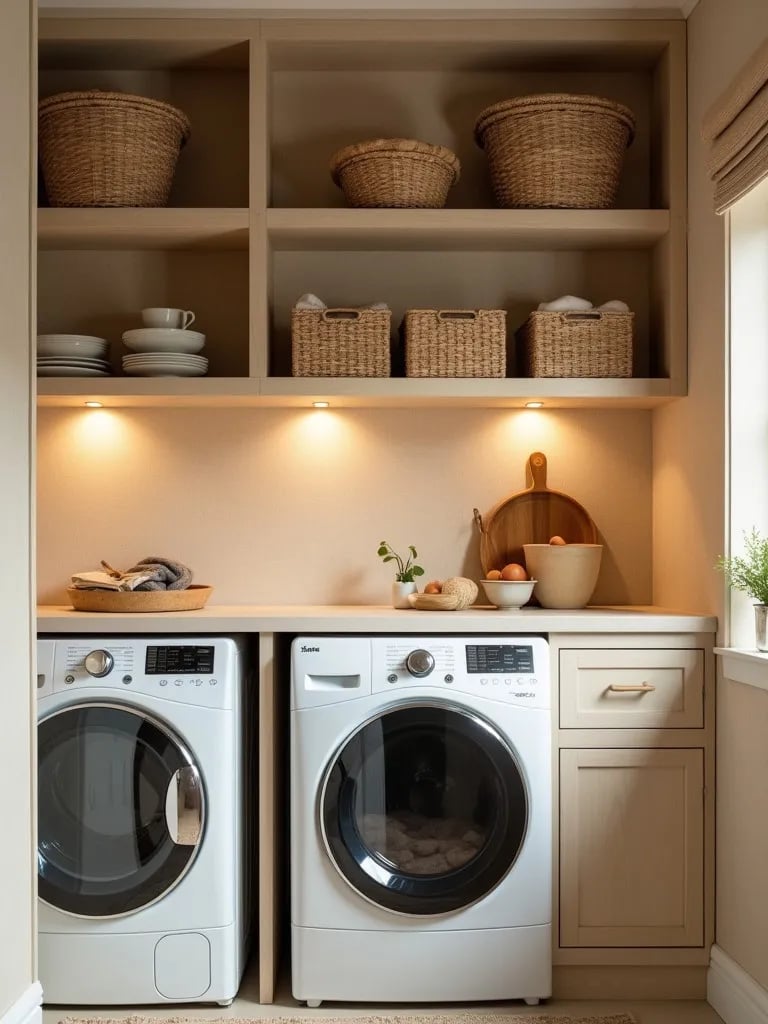 Cozy laundry nook with textured wallpaper and wooden shelving