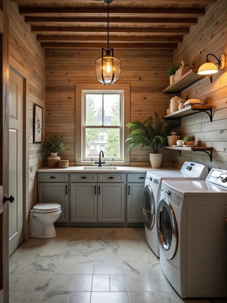 Cozy laundry room featuring reclaimed wood style wallpaper and floating shelves