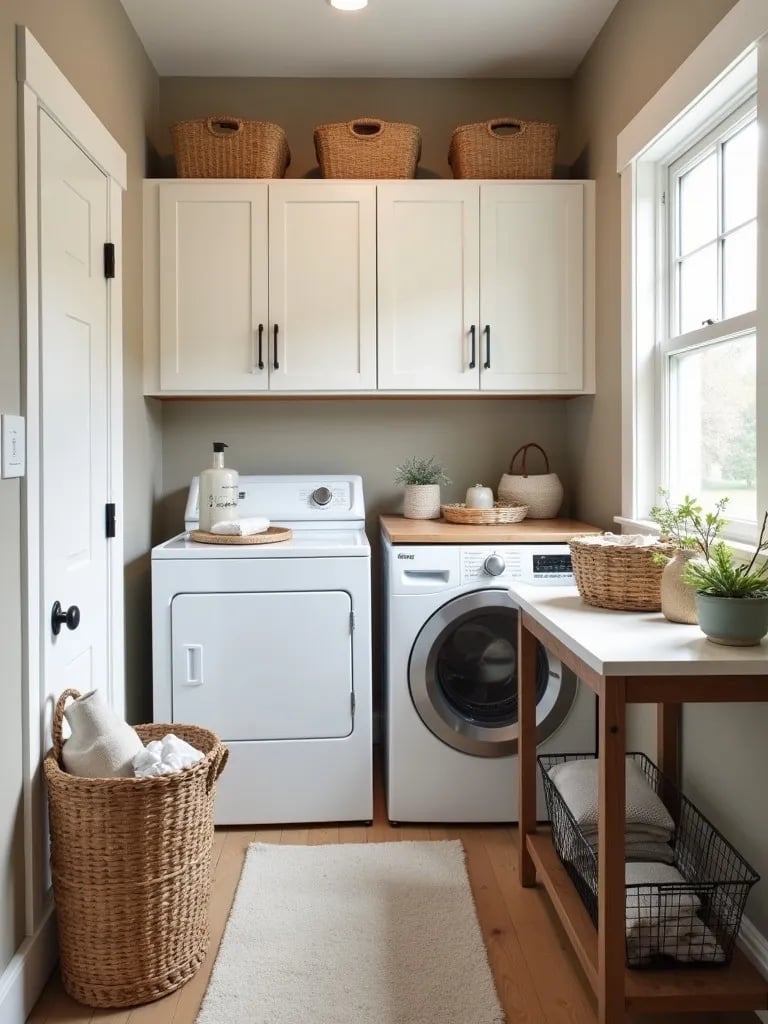 Cozy laundry room with taupe walls and vintage inspired wire baskets