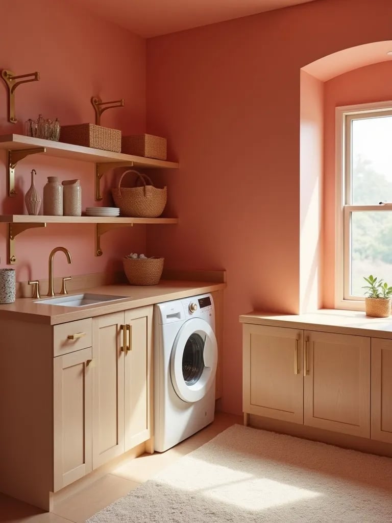 Cozy laundry room with warm coral walls and wooden countertops