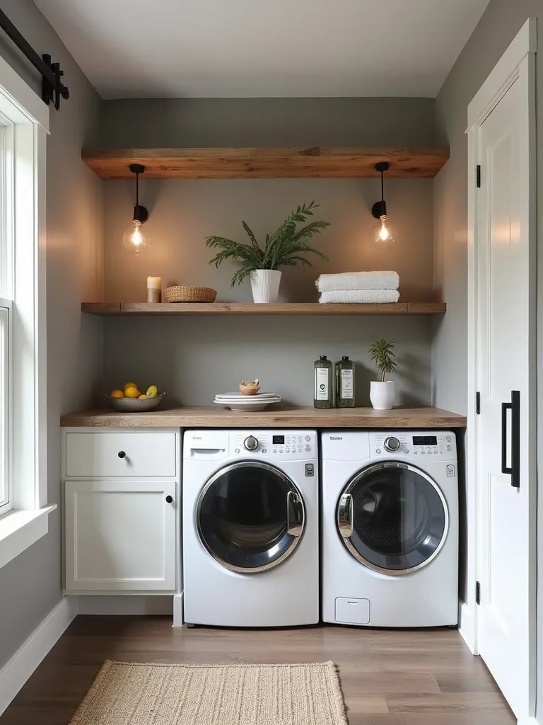 Cozy laundry room with warm gray walls and reclaimed wood shelving