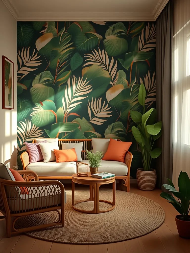 Cozy living area featuring bold tropical wallpaper and jute rug
