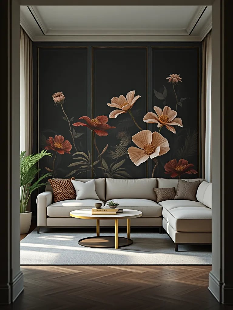 Cozy living area featuring moody botanical wallpaper and brass accents