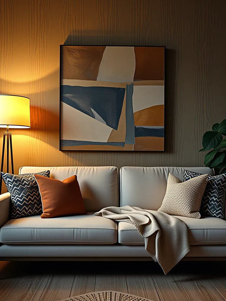 Cozy living room featuring bold geometric wallpaper and modern furniture