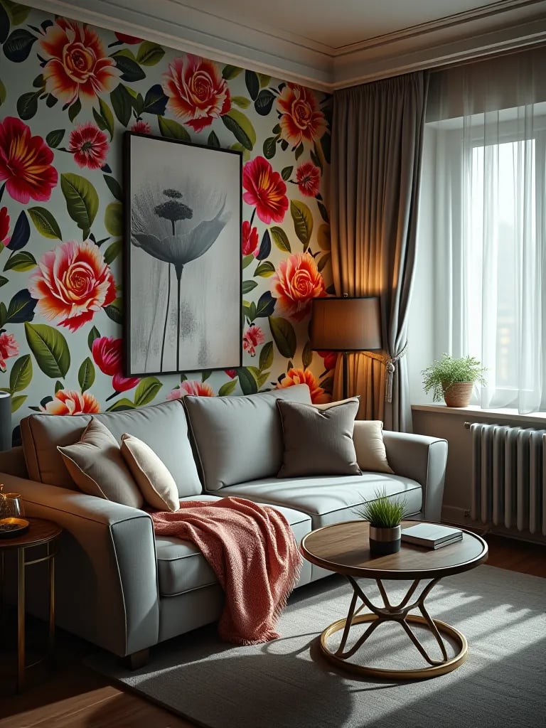 Cozy living room featuring vibrant floral wallpaper and contemporary decor