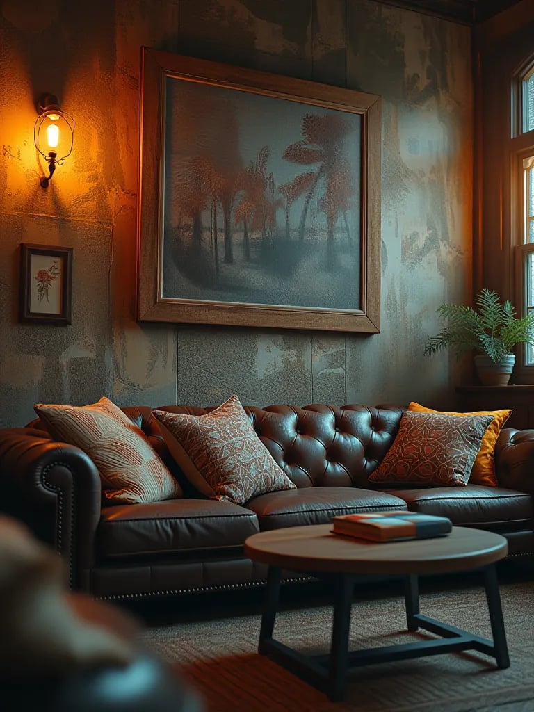 Cozy living room showcasing a textured wood look wallpaper accent wall and mixed furniture