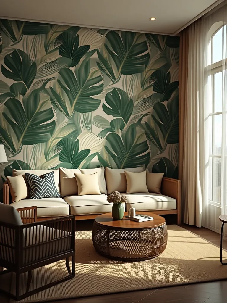 Cozy living room with tropical leaf wallpaper and rattan furniture