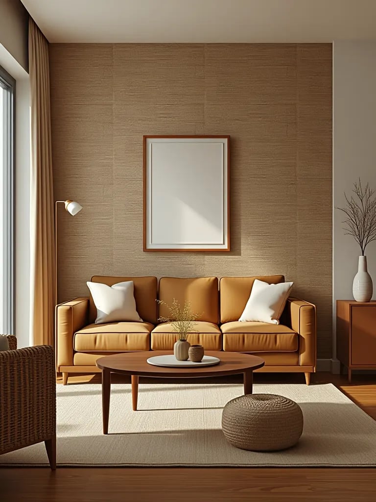 Cozy living space featuring earthy grasscloth wallpaper and woven accents