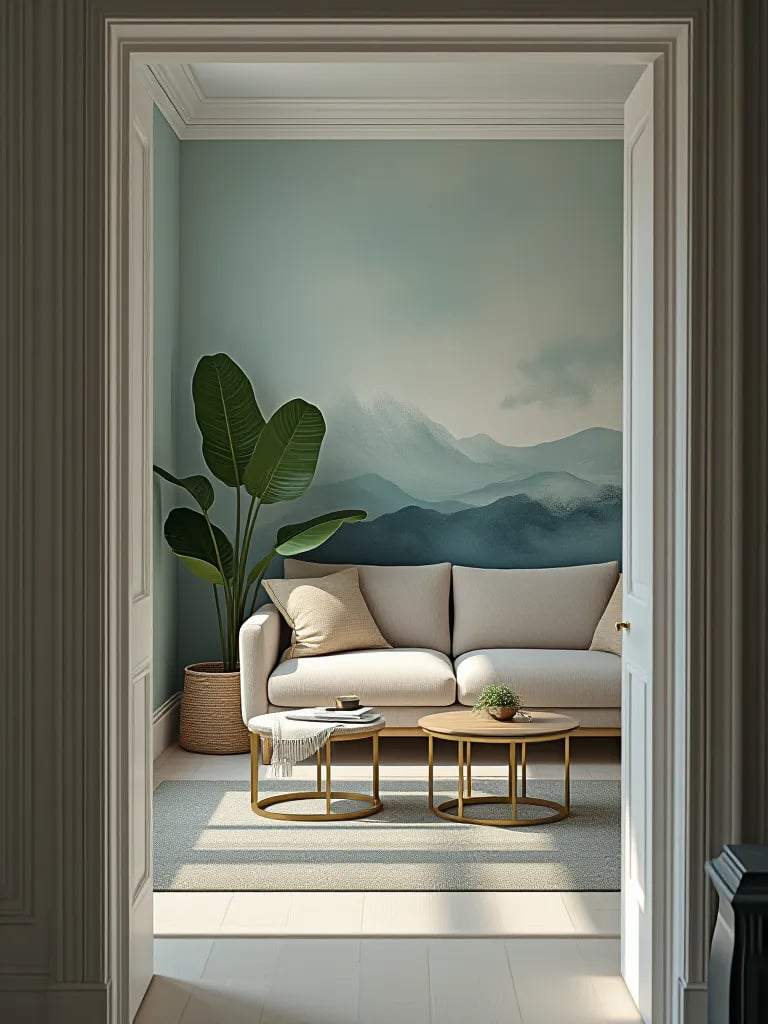 Cozy living space featuring soft watercolor wallpaper and brass accents