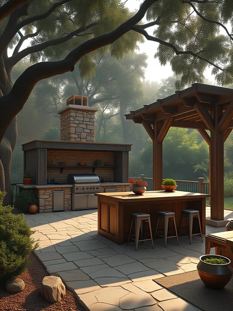 Cozy outdoor kitchen with custom smoker surrounded by oak trees