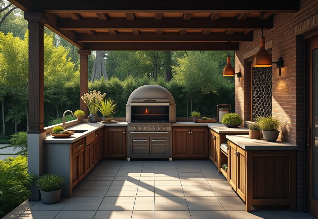 Cozy outdoor kitchen with rustic materials and pizza oven surrounded by greenery