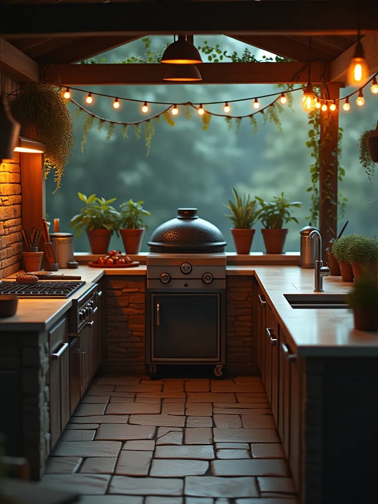 Cozy outdoor kitchen with stone countertop and modern appliances