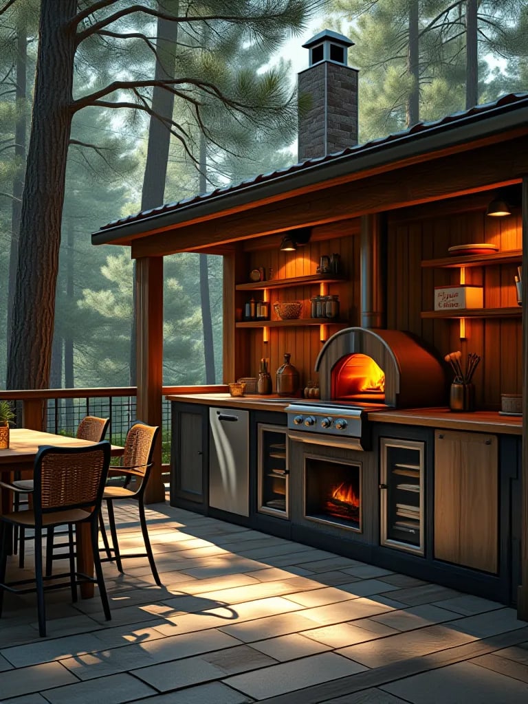 Cozy outdoor kitchen with wood elements and metal roof in a pine forest setting