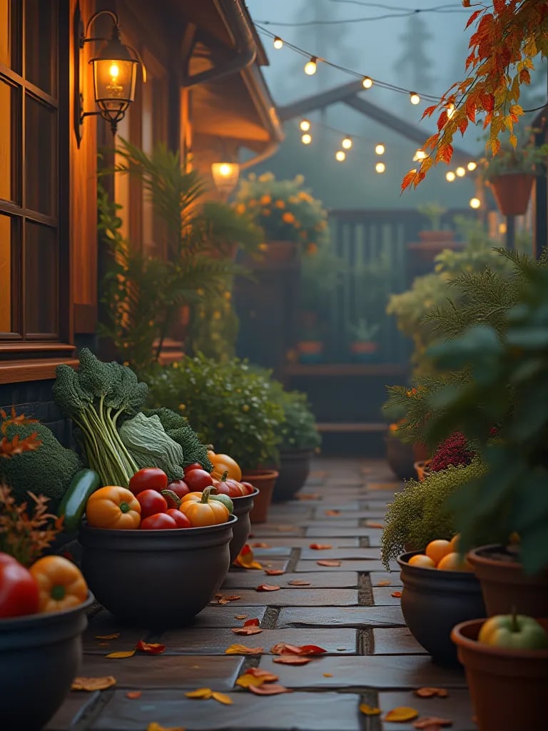 Cozy patio garden with fall vegetables in containers and ambient lighting