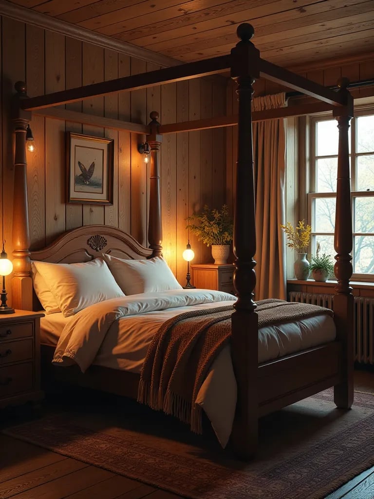 Cozy rustic bedroom with four poster bed and warm lighting