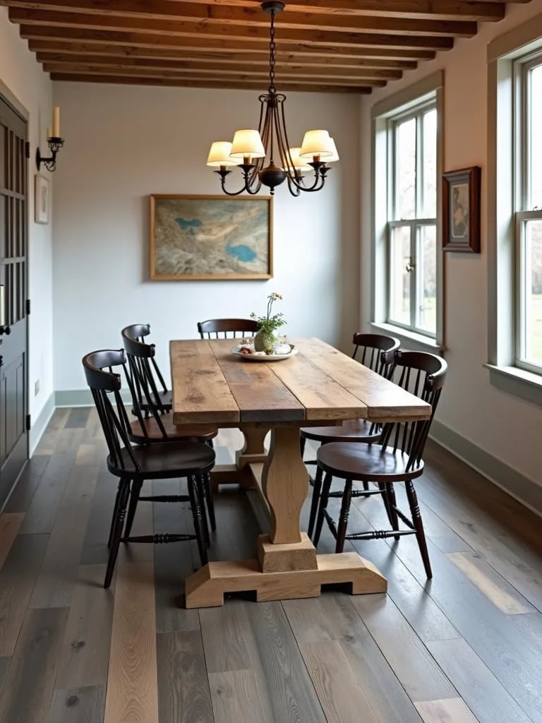 Cozy rustic dining area with multi toned vinyl floors and reclaimed wood table