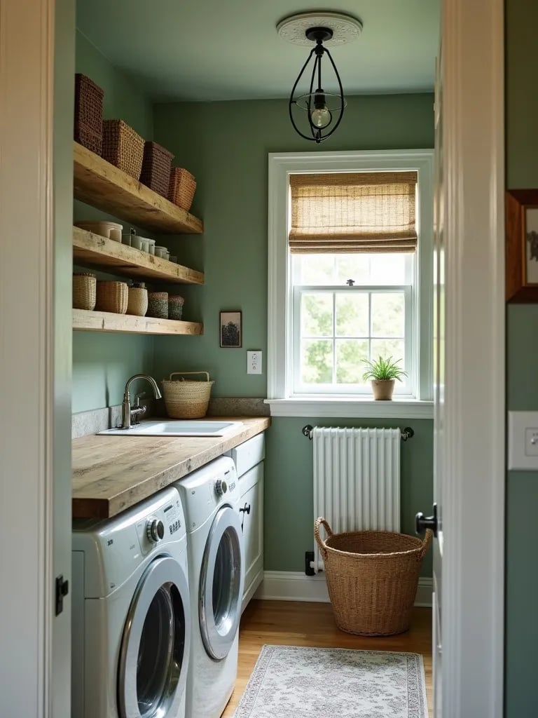 Cozy sage green laundry room with vintage inspired fixtures and wooden accents