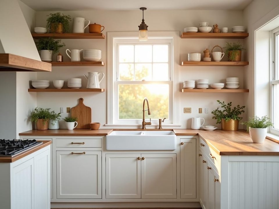 Cozy white farmhouse kitchen with vintage elements and warm lighting