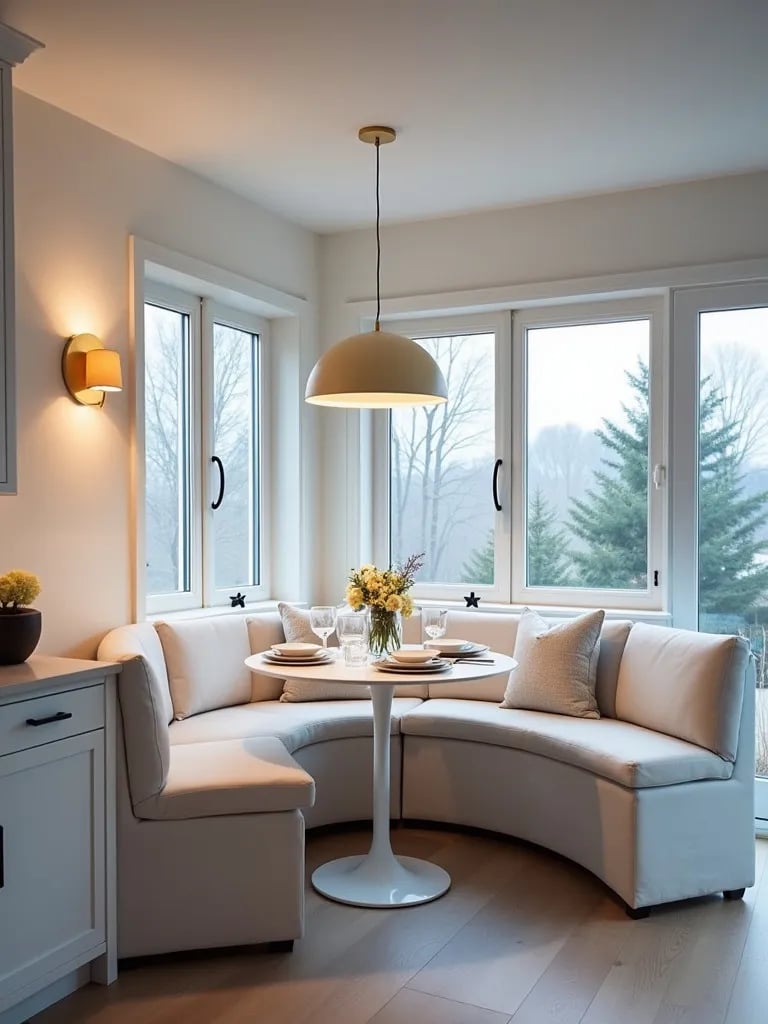 Cozy white kitchen nook with sconces and pendant light in soft blue hour glow