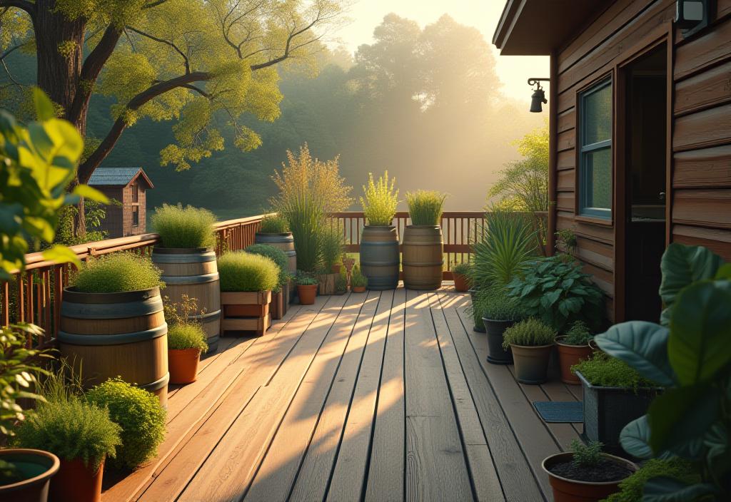 Deck with diverse upcycled containers growing vegetables