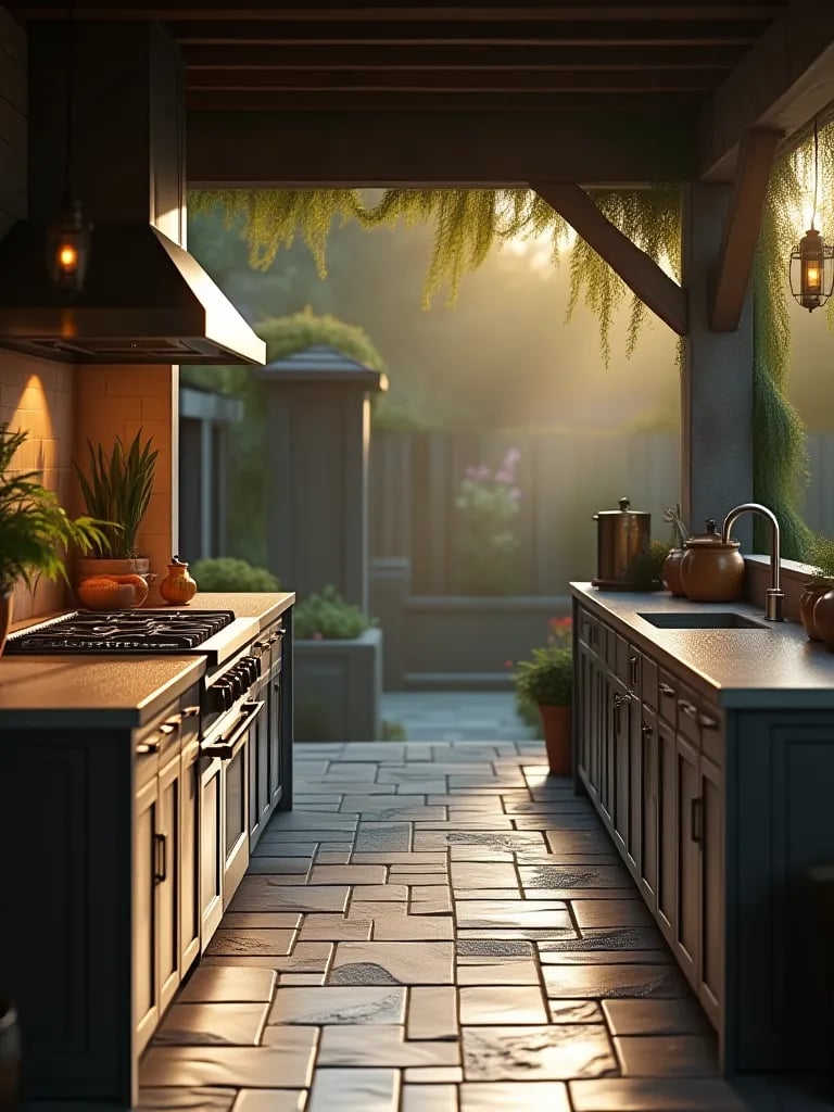 Dewy outdoor kitchen patio at dawn showcasing various material textures