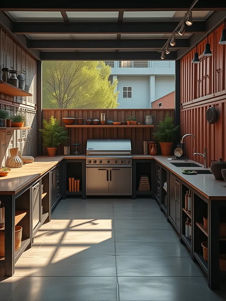 Diagonal view of edgy outdoor kitchen with flat top grill and metal shelving