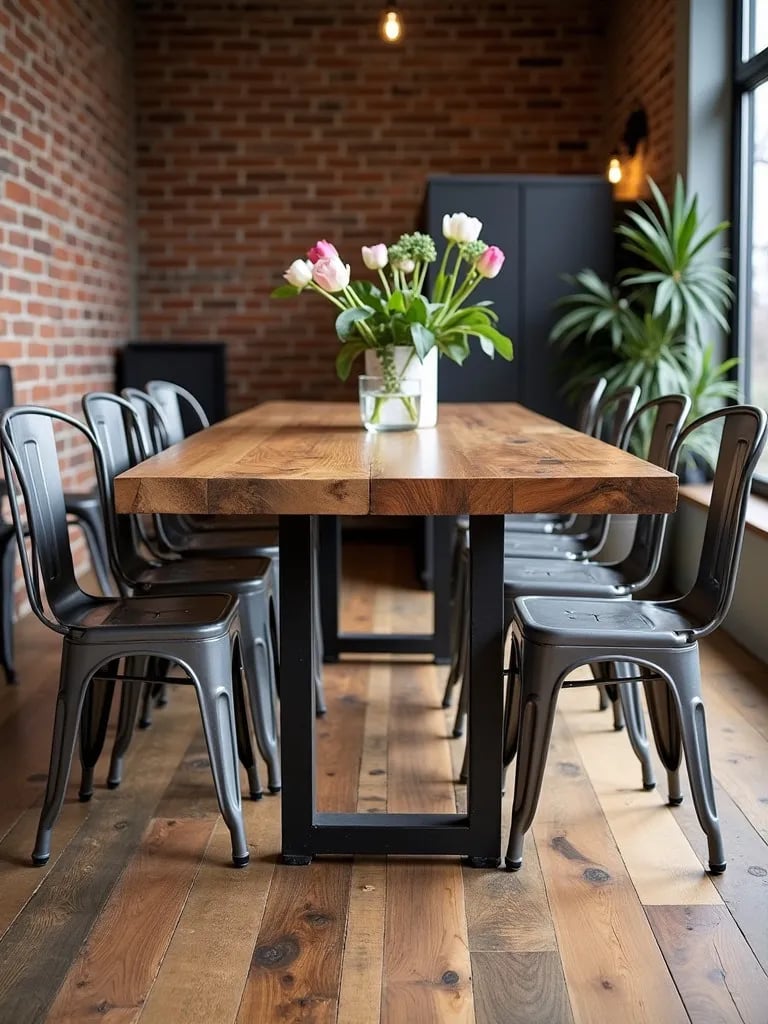 Dining area featuring varied tone reclaimed wood floor, live edge table, and metal chairs