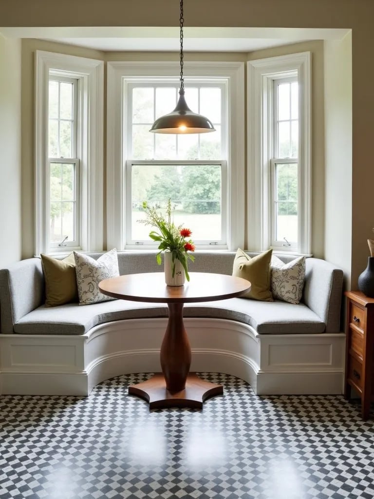 Dining nook with peel and stick tile flooring in geometric pattern