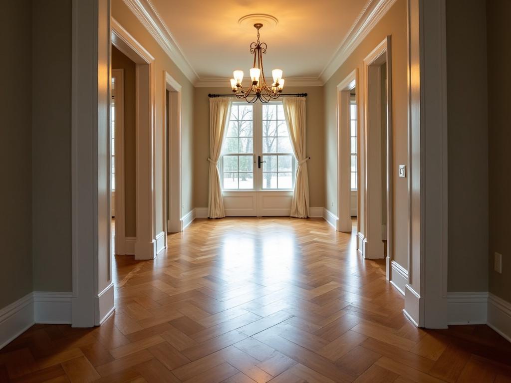 Dining room featuring newly installed herringbone pattern wooden floor