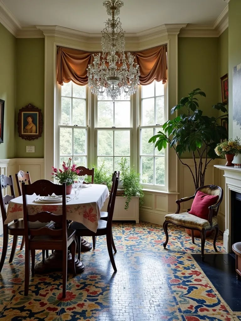 Dining space with vibrant mosaic floor, mismatched chairs, and crystal chandelier