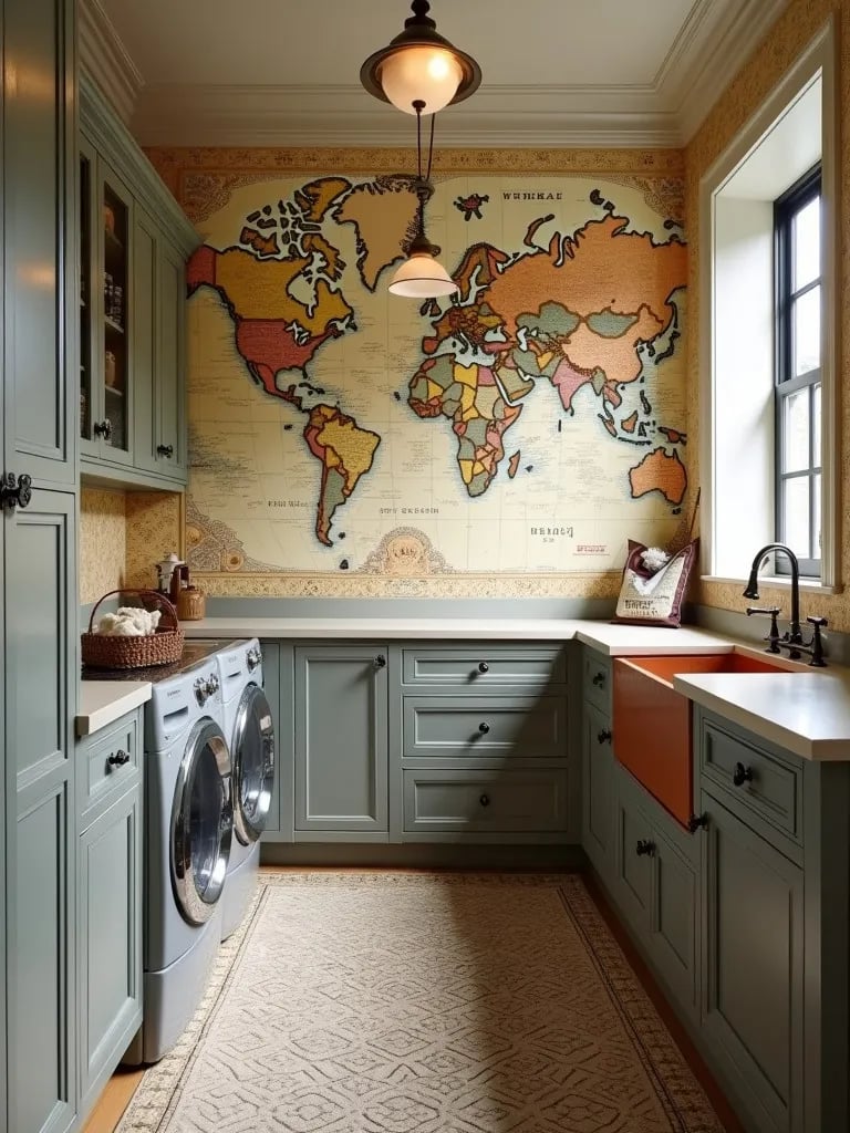 Distinctive laundry room featuring map wallpaper, copper sink, and patterned floor