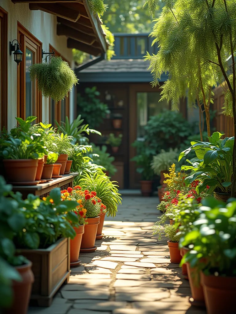 Diverse collection of containers with vegetable plants on a sunny patio