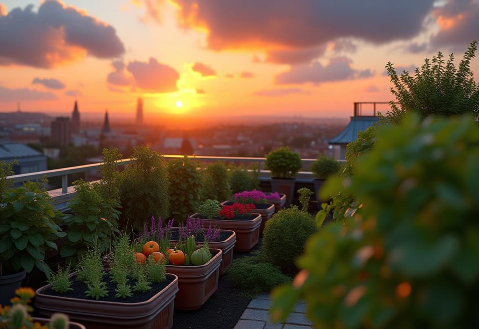 Diverse container vegetable garden on urban rooftop