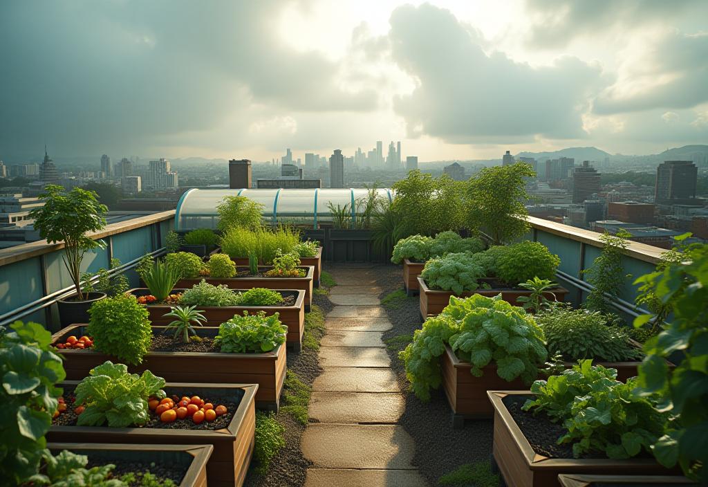 Diverse rooftop vegetable garden with various container types