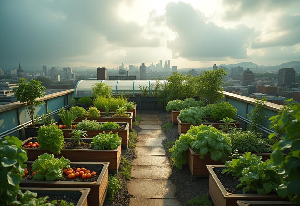 Diverse rooftop vegetable garden with various container types