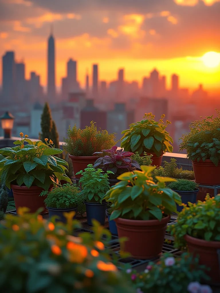 Diverse vegetable containers on rooftop with cityscape view at dusk