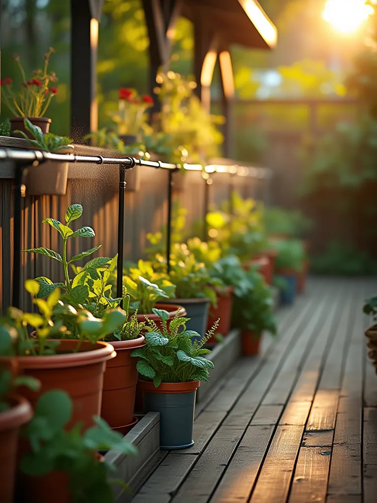Diverse vegetable containers with drip irrigation on sun drenched wooden deck