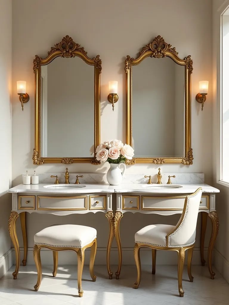 Double vanity made from antique dressers with gold mirrors