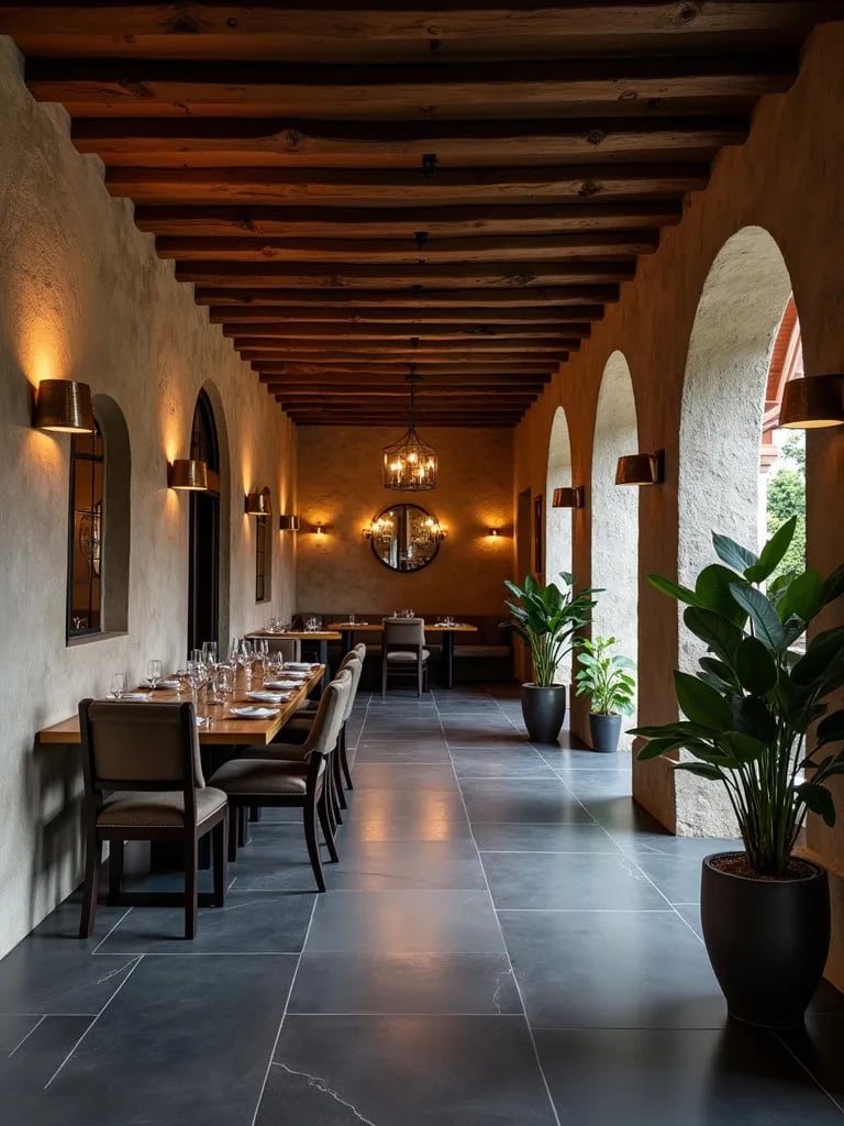 Dramatic dining room with large format charcoal ceramic tiles and wall sconces