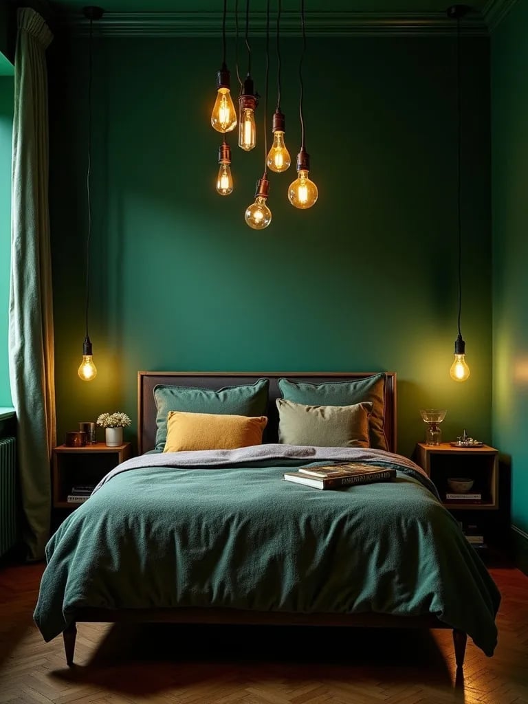 Dramatic emerald green bedroom illuminated by vintage Edison bulbs