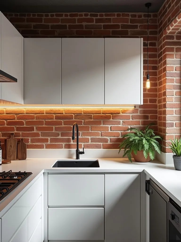 Dramatic white kitchen with exposed brick and industrial light fixtures