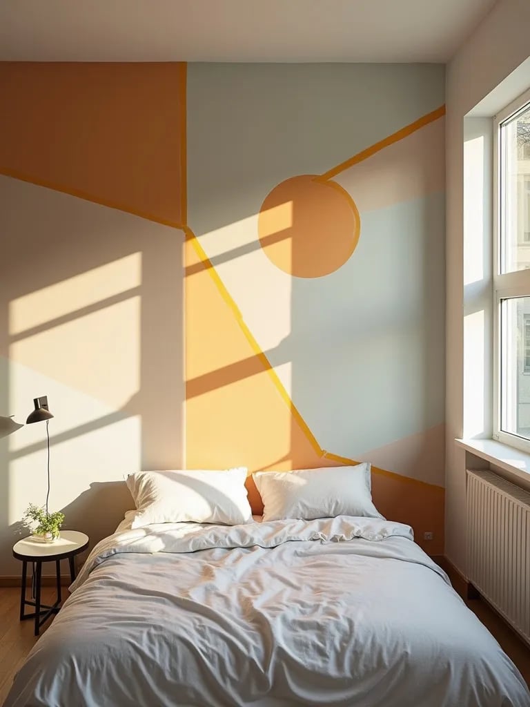 Dramatically lit bedroom showcasing geometric wall painting process