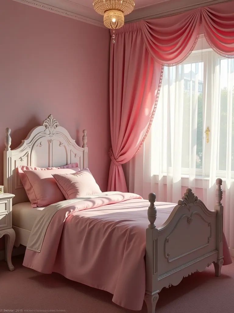 Dreamy girls’ bedroom with princess carriage bed and tulle curtains