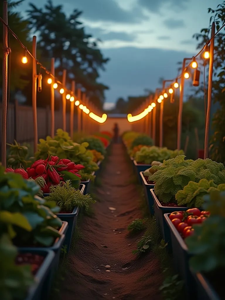 Dusk lit community garden with container vegetables ready for harvest