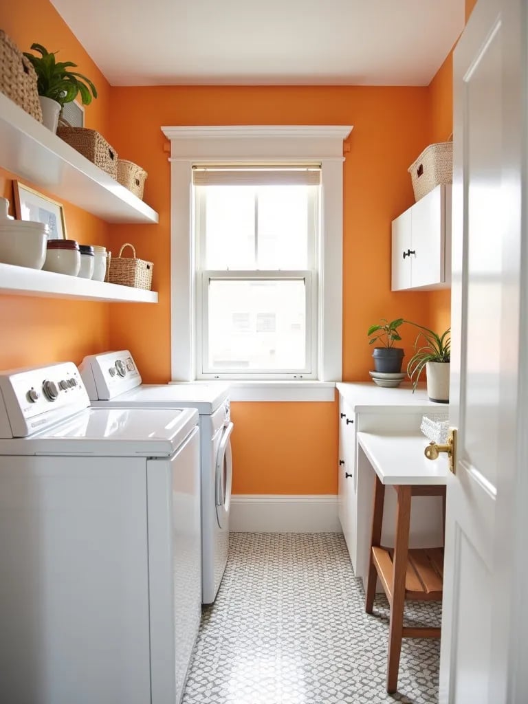 Dynamic laundry room featuring orange and white striped walls and sleek appliances