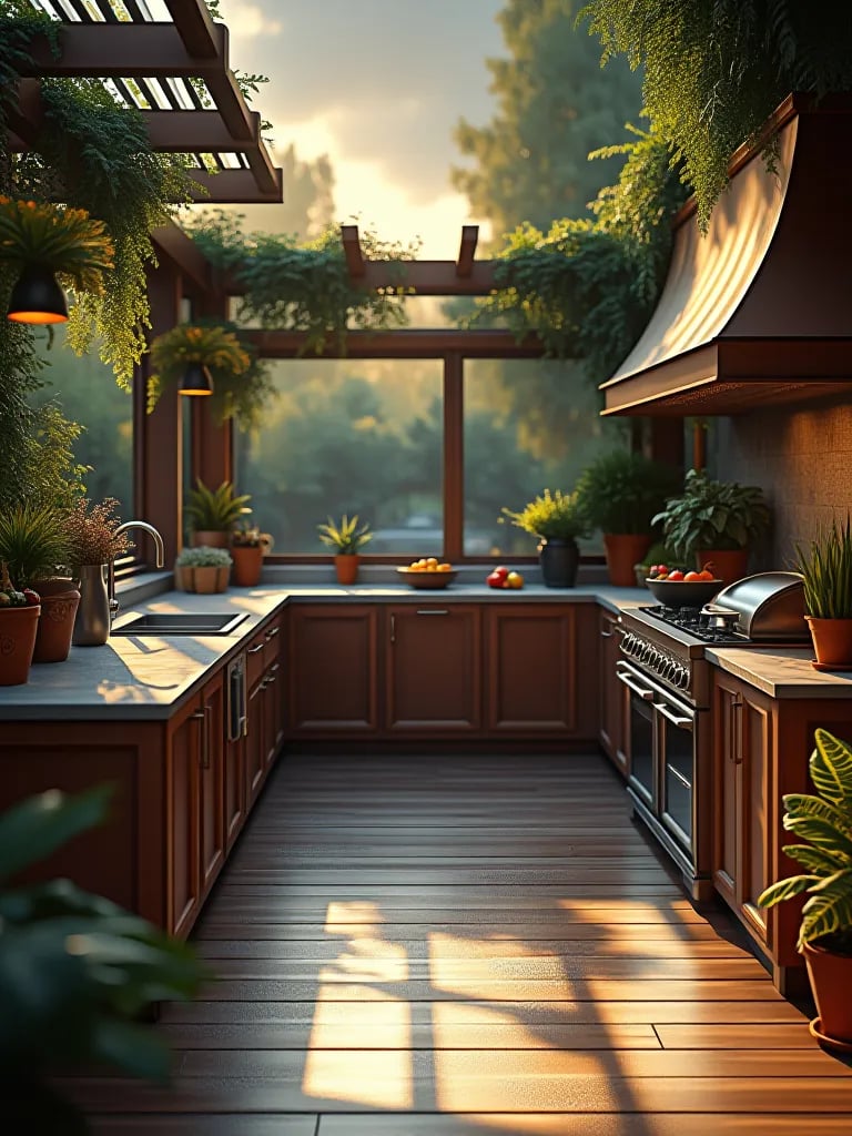 Early morning light on diverse outdoor kitchen materials with dew drops