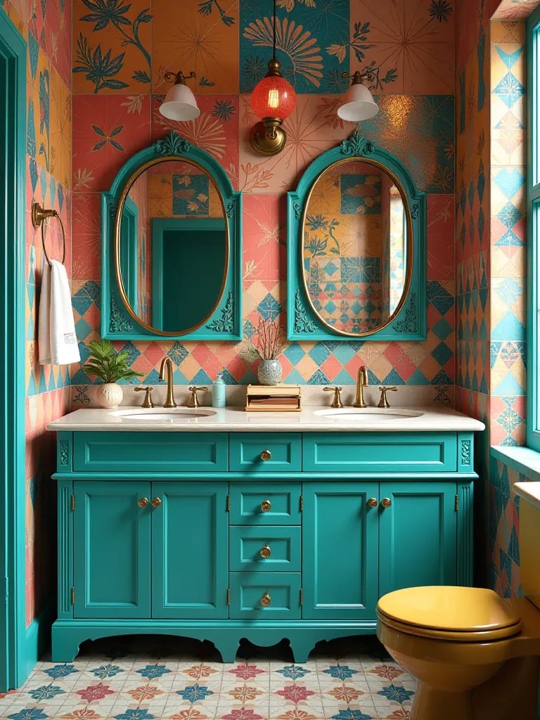 Eclectic bathroom with teal double vanity, vintage mirrors, and patterned cement tiles